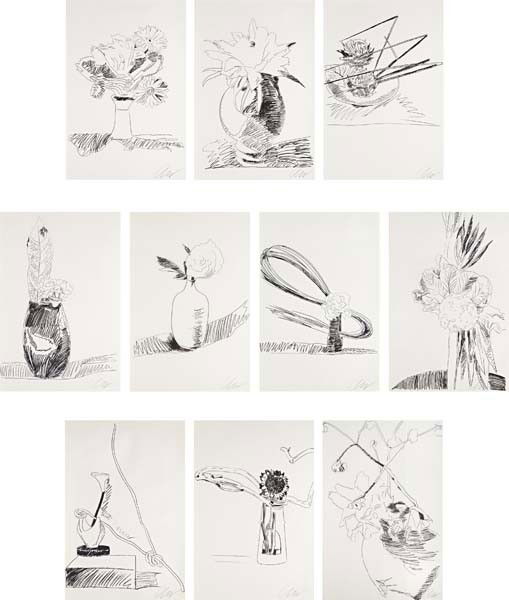 ANDY WARHOL, Flowers (Black and White) portfolio, 1974: Flowers (Black and White) portfolio, 1974 The complete set of ten screenprints, on Arches and J. Green paper, the full sheets, all S. 40 5/8 x 27 1/4 in. (103.2 x 69.2 cm) all signed with initials on