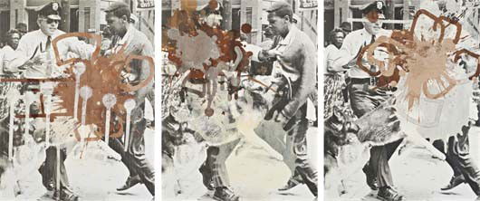 KELLEY WALKER, Black Star Press, 2005: Black Star Press, 2005Silkscreened white and dark chocolate on digital print laid down on canvas mounted to panel in three parts. Each panel 35 5/8 x 28 in. (90.5 x 71.1 cm). Overall 35 5/8 x 84 in. (