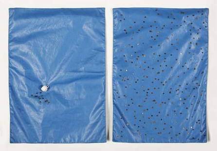 CHARLES LEDRAY, Untitled (diptych), 1995: Untitled (diptych), 1995 Two textile panels and mixed media. Each panel: 17 x 12 in. (43.2 x 30.5 cm.); framed: 20 1/2 x 29 in. (52.1 x 73.7 cm.) PROVENANCE Lucas Schoormans Gallery, New York; Kenneth