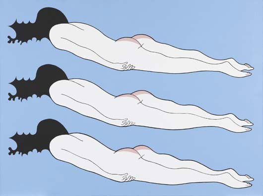 JOHN WESLEY, 3 Sunbathers, 1982: 3 Sunbathers, 1982 Acrylic on canvas. 41 1/4 x 55 1/8 in. (104.8 x 140 cm.) Signed, titled and dated "3 Sunbathers, John Wesley, 1982" on the reverse. PROVENANCE Private collection, Germany; Zwirner &