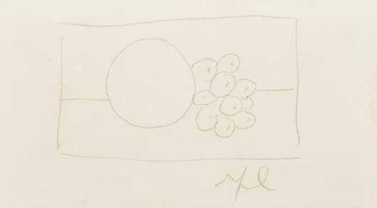ROY LICHTENSTEIN, Untitled (Still Life with Fruit): Untitled (Still Life with Fruit), circa 1972 Graphite on paper. 4 x 6 in. (10.2 x 15.2 cm.) Initialed "RFL" lower right. This work is accompanied by a certificate of authenticity issued by the Roy Lic