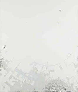 TAM VAN TRAN, Suprematist Empire, 2003: Suprematist Empire, 2003 Pigment, silica binder, staples, white out, paper, ink and foil on canvas. 79 1/2 x 67 3/4 in. (201.9 x 172.1 cm). Signed and dated "Tam Van Tran 2003" on the reverse. PROVENA