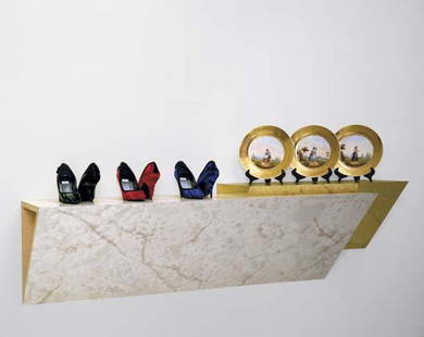 HAIM STEINBACH, bel canto, 1987: bel canto, 1987 Plastic laminated wood shelf, velvet women's shoes, and ceramic plates on display holders. 18 1/2 x 72 x 14 in. (47 x 182.9 x 35.6 cm.) PROVENANCE Galleria Lia Rumma, Naples EXHIBITED