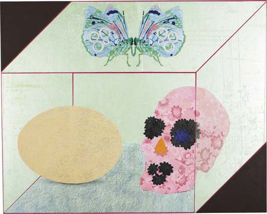 CHIE FUEKI, Present, 2003: Present, 2003 Acrylic and mixed media on Mulberry paper on wood. 48 x 60 in. (121.9 x 152.4 cm.) Signed, titled and dated "Present, Chie Fueki, 2003" on the reverse of the panel. PROVENANCE Acquired d