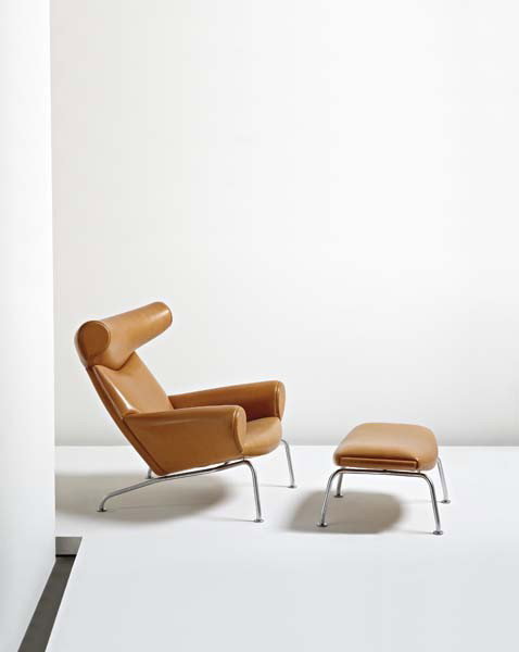 HANS WEGNER, "Ox" lounge chair and ottoman, model n: Ox" lounge chair and ottoman, model no. AP-46, ca. 1960 Leather, tubular steel. Chair: 32 in. (81.3 cm.) high; ottoman: 13 1/2 in. (34.3 cm.) high Manufactured by AP Stolen, Denmark (2). LITERATURE Jo