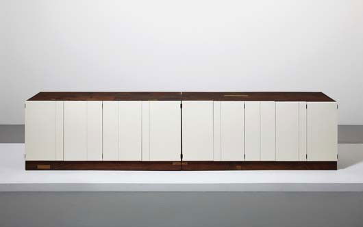 ROY MCMAKIN, Unique custom sideboard, 2000: Unique custom sideboard, 2000 Walnut, wood, lacquered wood, metal. 27 1/4 x 119 3/4 x 19 3/4 in. (69.2 x 304.2 x 50.2 cm.) Produced by Big Leaf Manufacturing, USA. Together with the original drawings.