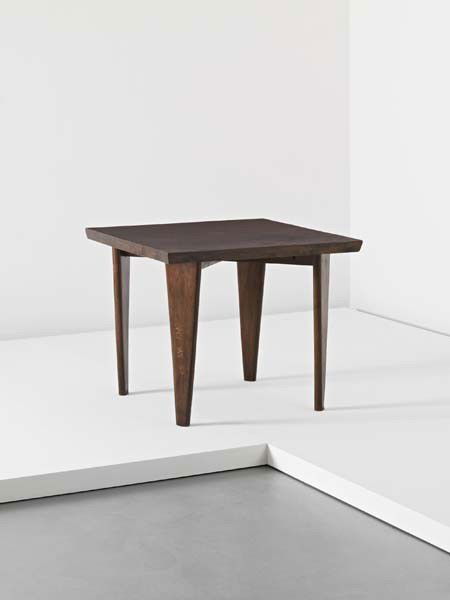 PIERRE JEANNERET, "Square" dining table, model no.: Square" dining table, model no. PJ-TA-05-A, from Chandigarh, India, ca. 1961-1962 Teak. 27 3/4 x 34 1/2 x 34 1/4 in. (70.5 x 87.6 x 87 cm.) One side of table top and one leg with painted text. PROVENA
