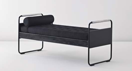 JEAN PROUVÉ, Bed, model no. 17, from the Lycée Fab: Bed, model no. 17, from the Lycée Fabert, Metz, ca. 1935 Painted bent sheet steel, painted tubular steel, tubular aluminum, fabric. 33 3/4 x 31 x 75 1/2 in. (85.7 x 78.7 x 191.8 cm.) PROVENANCE Lycé