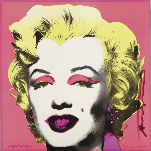 ANDY WARHOL Castelli Gallery Marilyn Invitation, 1: Castelli Gallery Marilyn Invitation, 1981 Offset lithograph in colors, on smooth wove paper, the full sheet, with text printed on the reverse, S. 12 x 12 in. (30.5 x 30.5 cm) signed in black marker, t
