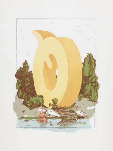 CLAES OLDENBURG The Letter Q as Beach House with S: The Letter Q as Beach House with Sailboat, 1972 Lithograph in colors, on Arjomari paper, with full margins, I. 28 x 21 3/8 in. (71.1 x 54.3 cm); S. 38 7/8 x 29 3/8 in. (98.7 x 74.6 cm) signed with ini