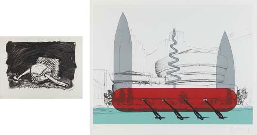 CLAES OLDENBURG Knife Ship Superimposed on the Sol: Knife Ship Superimposed on the Solomon R. Guggenheim Museum; and Soft Pencil Sharpener, from Brooklyn Academy of Music Artists Print Portfolio, 1986 and 1989 One screenprint in colors and one lithogra