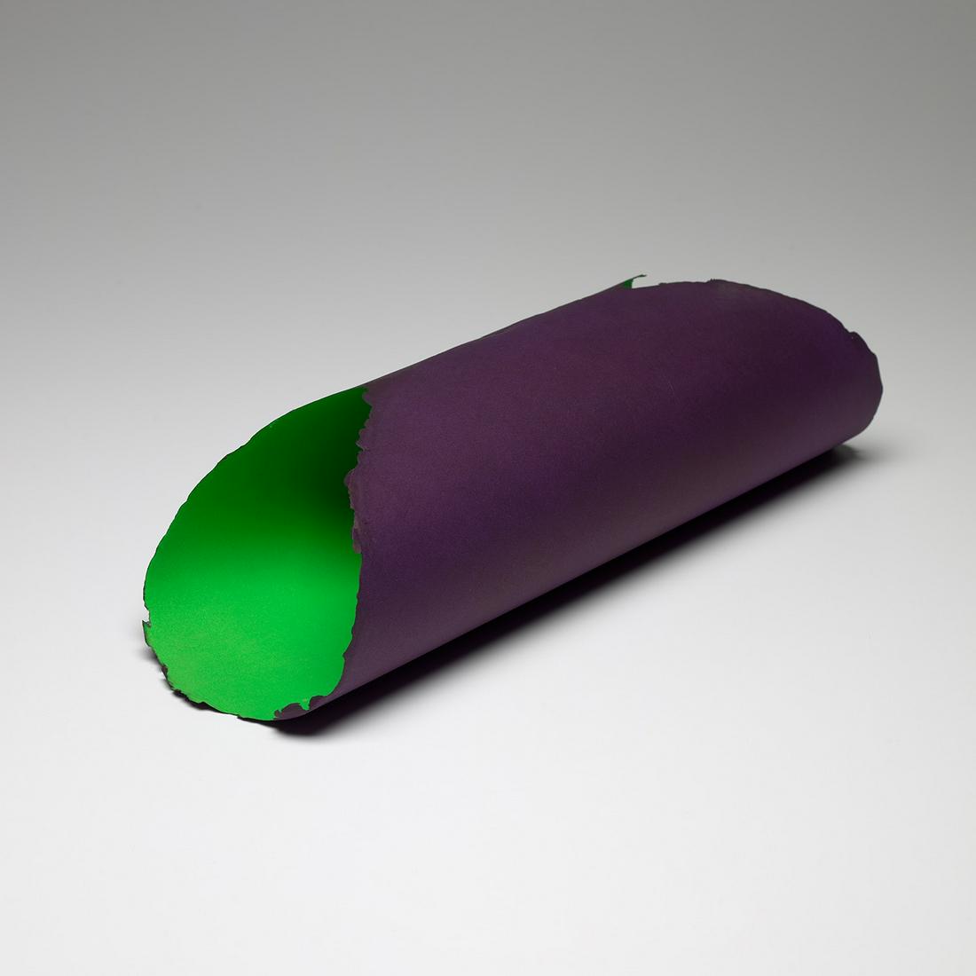 Dan Flavin: Guggenheim Tondo 1992 Double-sided mezzotint in purple and green (one on each side), on handmade paper, the full sheet rolled and fastened with a single stitch (as issued). 12 x 50 x 16 cm (4 3/4 x 19