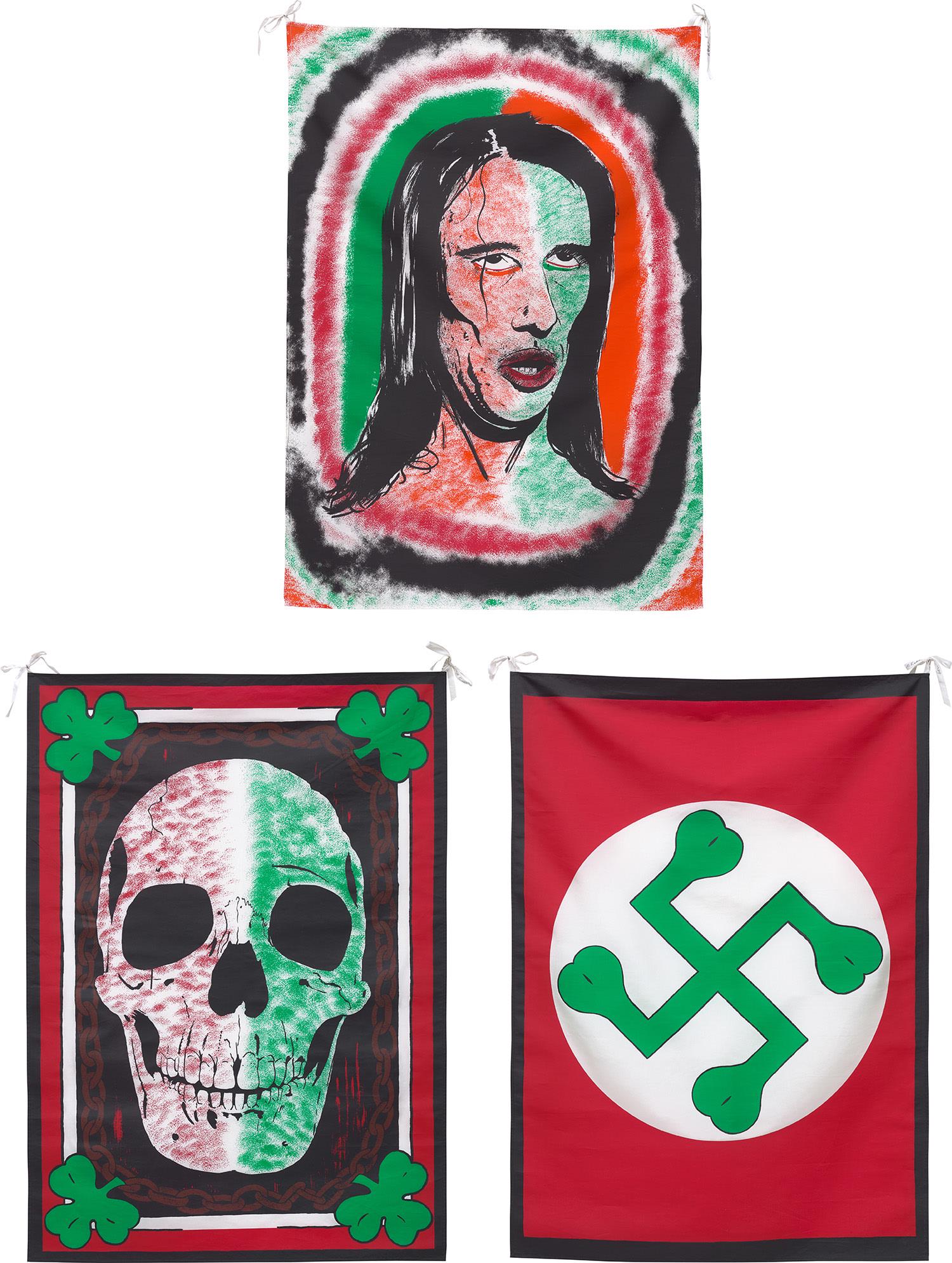 Mike Kelley: The Orange & Green; Emerald Eyehole; and Twisted Shamrock, from Pansy Metal/Clovered Hoof 1989 Three screenprints in colours, on silk scarves. all 135.5 x 96.5 cm (53 3/8 x 37 7/8 in.) All signed, dat