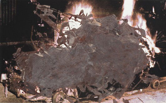 KELLEY WALKER, Chocolate Riot; Reversed Burning Ca: Chocolate Riot; Reversed Burning Car, 2004 Scanned image and silkscreened chocolate on digital print on canvas. 41.3 × 66.4 cm (26 1/8 × 16 1/4 in). Signed and dated 'Kelley Walker 2004' on the reve