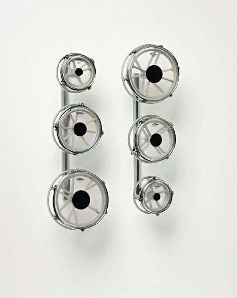 JOHN ARMLEDER, Untitled (Roto - Tom Drums), 1989: Untitled (Roto - Tom Drums), 1989 Two sets of three drums, metal brackets and black vinyl. 100 × 75 cm (39 3/8 × 29 1/2 in). This work is accompanied by a certificate of authenticity signed by the a