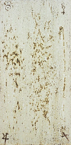 GEORG HEROLD, Kaviarbild Inamorato, 1989: Kaviarbild Inamorato, 1989 Acrylic and caviar on canvas. 121.5 x 61 cm (47 7/8 x 24 in). ♠ PROVENANCE Koury Wingate, New York; Collection of Robert J. Shiffler, Greenville Ohio; acquired from th