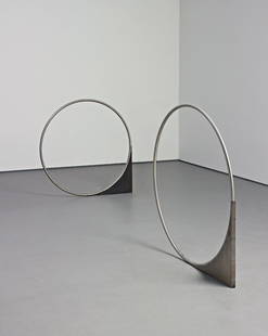 NICOLE WERMERS, Untitled (Forcefield), 2007: Untitled (Forcefield), 2007 Mild steel and stainless steel in two parts. (i) 120 × 122.5 × 3 cm (47 1/4 × 48 1/4 × 1 3/8 in); (ii) 111 × 113.5 × 3 cm (43 3/4 × 44 5/8 × 1 3/8 in). ♠ PROP