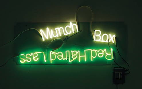JASON RHOADES, Red Haired Lass; Munch Box, 2003: Red Haired Lass; Munch Box, 2003 Neon lights mounted on light green translucent Plexiglas with wire, string, lace and transformer. Approximately 45.7 × 119.4 × 7.6 cm (24 × 47 × 3 in). This work i