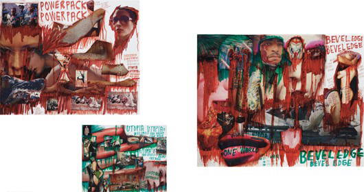 THOMAS HIRSCHHORN, Three works: (i) Powerpack, Uto: Three works: (i) Powerpack, Utopia; (ii) Powerpack, Nomad Vigil; (iii) Powerpack Bevel Edge, 2003 Magazine collage, marker pen and ballpoint pen on paper. Each: 48 x 59 cm (18 7/8 x 23 1/4 in). (i) Si