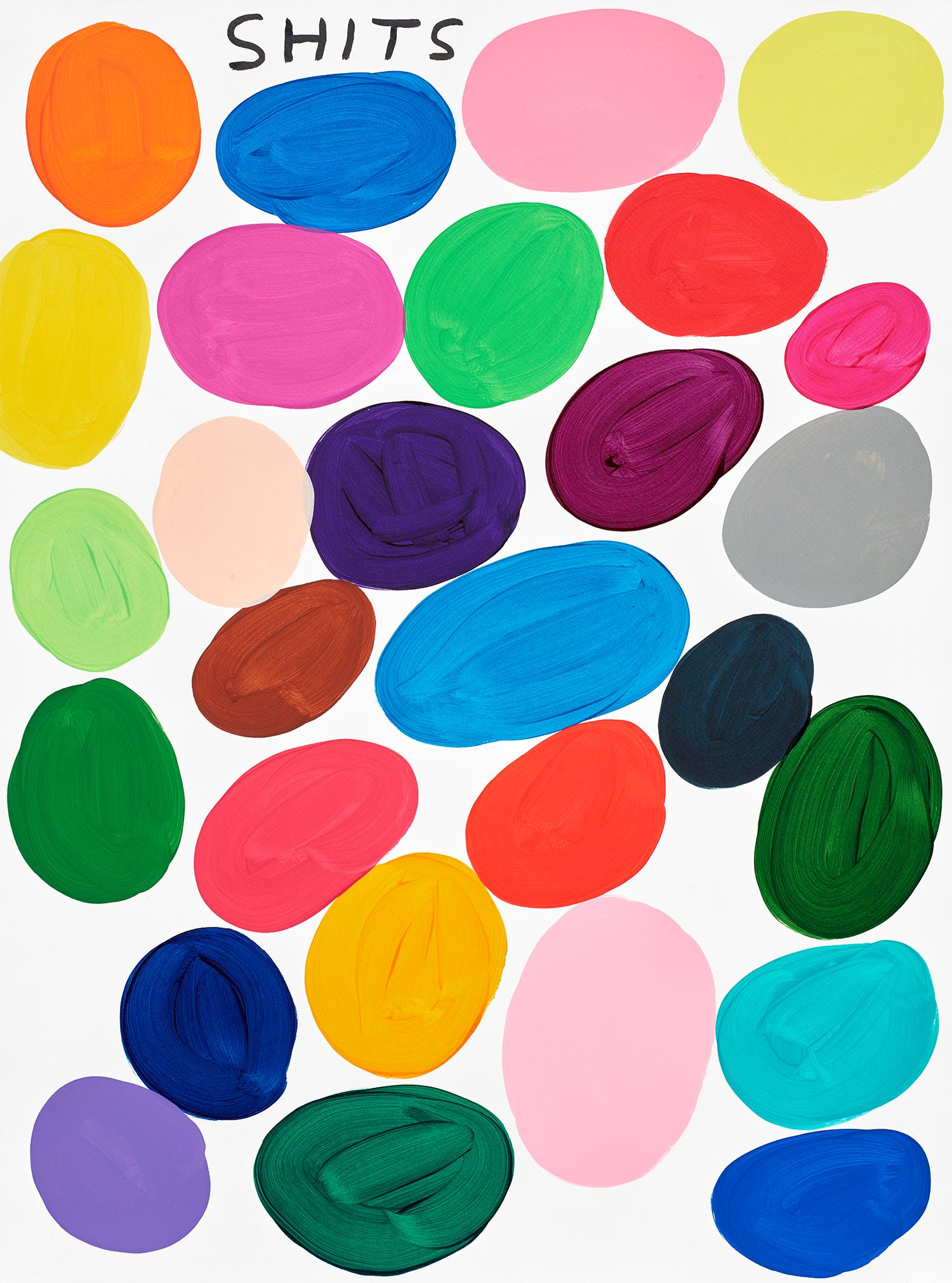 David Shrigley - Shits: David Shrigley Shits2019 Hand-painted acrylic, on Fabriano Artistico paper, the full sheet. S. 75.5 x 56.2 cm (29 3/4 x 22 1/8 in.) Signed with initials, dated and numbered 63/125 in pencil on the rev