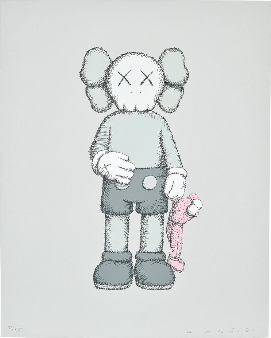 KAWS - SHARE: KAWS SHARE2021 Screenprint in colours, on Stonehenge grey paper, with full margins. I. 36.5 x 17.5 cm (14 3/8 x 6 7/8 in.) S. 51 x 40.7 cm (20 1/8 x 16 1/8 in.) Signed, dated and numbered 31/500 in pe