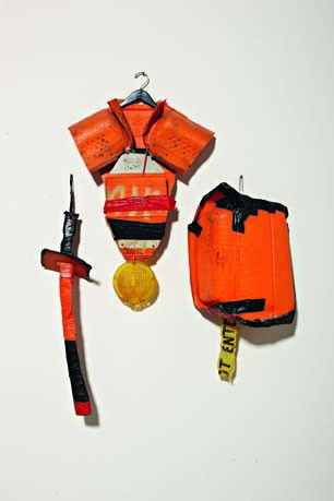 TOM SACHS, Untitled (Arms and Armor from New York: Untitled (Arms and Armor from New York Gladiators), 1995 Plastic, cloth tape, clothes hanger and found construction barricades (in three parts). Breast plate: 34 x 26 x 6 in. (86.4 x 66 x 15.2 cm); sh