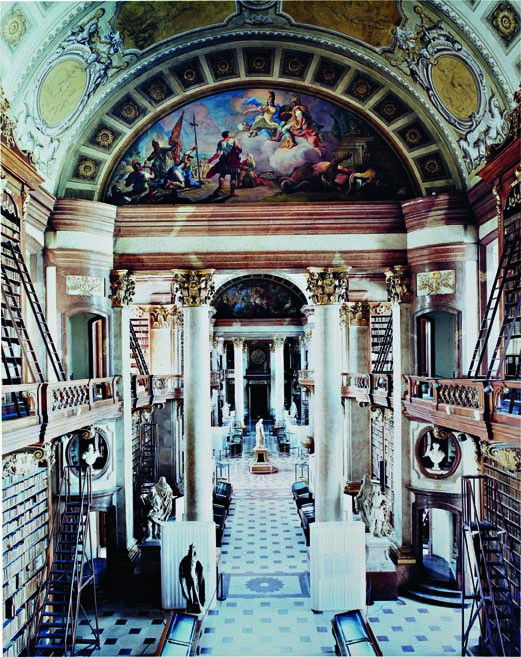 CANDIDA HÖFER, Osterreichische Nationalbibliothek: Osterreichische Nationalbibliothek Wien VIII, 2003 C-print. Image: 59 1/2 x 47 1/2 in. (151.1 x 120.7 cm); sheet: 73 1/4 x 60 7/8 in. (186.1 x 154.6 cm) Signed "Candida Höfer" on a label affixed to t