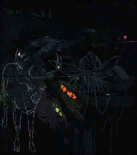 GINA MAGID, Dark Night Coming, 2006: Dark Night Coming, 2006 Oil and acrylic paint on black satin. 54 x 48 in. (137.2 x 121.9 cm) Signed, titled and dated "Dark Night Coming, Gina Magid, 2006" on the overlap. PROVENANCE Feature Inc., New