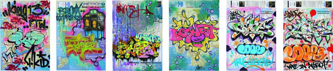 T-KID (JULIUS CAVERO), GHOST AND COPE2 (FERNANDO C: Six works: NYC Transit Authority Subway Maps with Graffiti and Tag, 2010-2011 Spray and metallic paint, ink and felt-tip pen on found paper. Each work is unique. Each 32 1/2 x 22 3/4 in. (82.6 x 57.8 