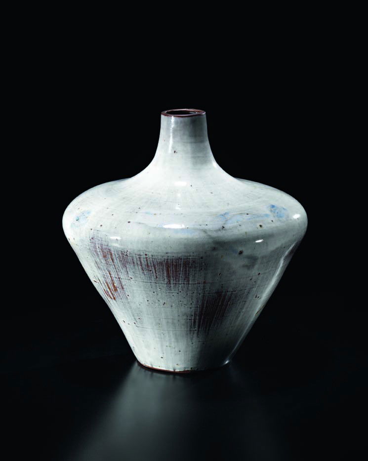 FRANCINE DEL PIERRE, Rare large vase, c. 1962: Rare large vase, c. 1962 Coiled earthenware, grey glaze with a blue floral design around the shoulder. 30.5 cm (12 in) high Incised with artist's mark and 'FRANCE'.