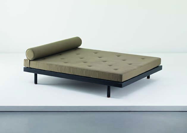 JEAN PROUVÉ, 'SCAL' bed, model no. 452, c. 1951: 'SCAL' bed, model no. 452, c. 1951 Painted bent sheet steel, fabric. 27 x 190 x 140 cm (10 5/8 x 74 3/4 x 55 1/8 in) Manufactured by Les Ateliers Jean Prouvé, France. LITERATURE Galerie Patrick Segui