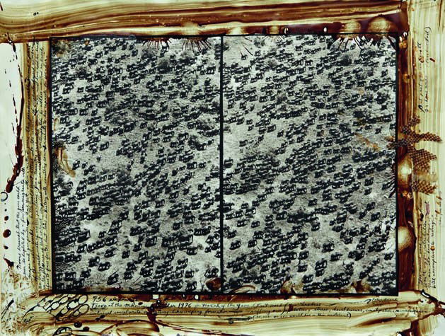 PETER BEARD, 756 Elephants, Tsavo at the Mkomazi: 756 Elephants, Tsavo at the Mkomazi Border, 1976 Toned gelatin silver print with ink, blood and affixed snakeskin, printed later. 31 1/4 x 41 1/2 in. (79.4 x 105.4 cm). Signed, titled, dated and exten