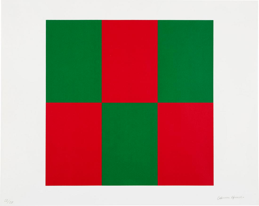 Carmen Herrera: Carmen Herrera Verde y Rojo for Studio 2019 Screenprint in colors, on Coventry Rag paper, with full margins. I. 16 3/4 x 17 in. (42.5 x 43.2 cm) S. 20 3/4 x 26 in. (52.7 x 66 cm) Signed and numbered 2