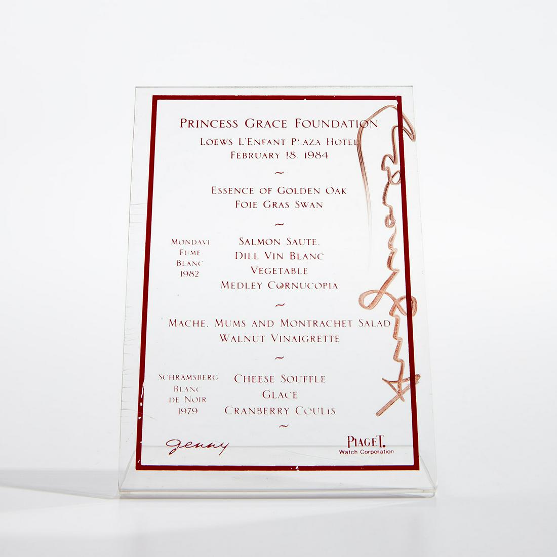 After Andy Warhol: After Andy Warhol Princess Grace Foundation Menu, signed by Andy Warhol Screenprint in red on original clear Plexiglas Loews L'Enfant Plaza Hotel standing menu. 7 x 5 x 3 in. (17.8 x 12.7 x 7.6 cm) Si