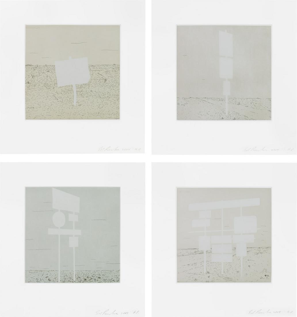 Ed Ruscha: Ed Ruscha Blank Signs 2004 The complete set of four etching and aquatints in colors, on Magnani Pescia paper, with full margins. all I. 7 7/8 x 7 7/8 in. (20 x 20 cm) all S. 12 3/4 x 12 in. (32.4 x 30