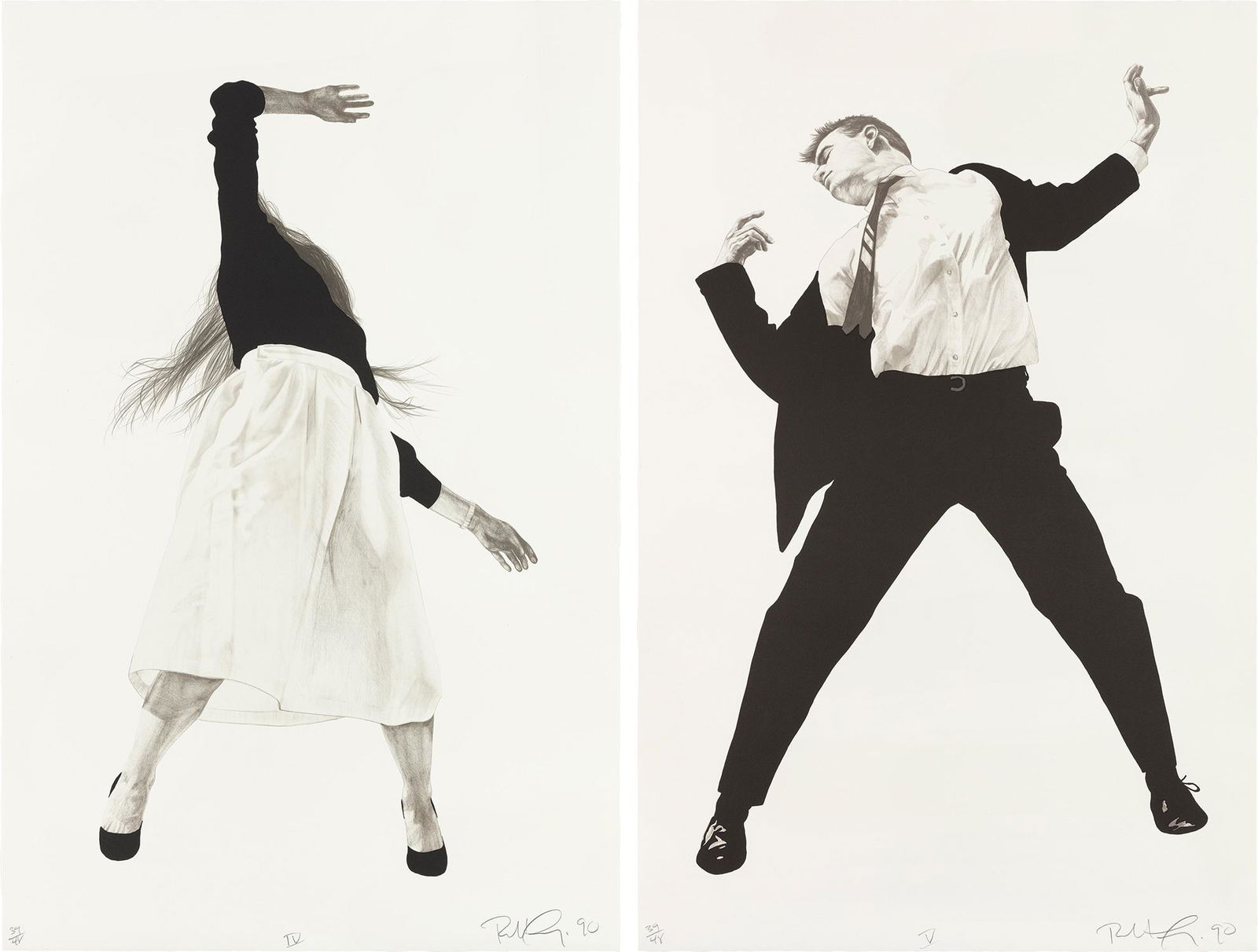 Robert Longo: Robert Longo Men in the Cities: Untitled IV; and Untitled V 1990 Two lithographs, on Arches paper, with full margins. both I. 32 1/4 x 21 1/4 in. (81.9 x 54 cm) both S. 40 x 26 in. (101.6 x 66 cm) Bot