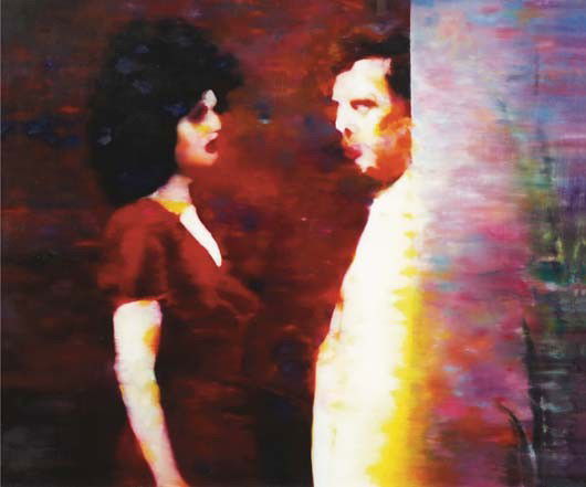 JOHANNES KAHRS, Eifer-Sucht (Jealousy), 1995: Eifer-Sucht (Jealousy), 1995 Oil on canvas in artist's metal and glass frame. 144.8 × 175.3 cm (57 × 69 in). Signed, titledand dated 'J. Kahrs "Eifer-Sucht" 1995' on the reverse. ‡ ♠ PRO
