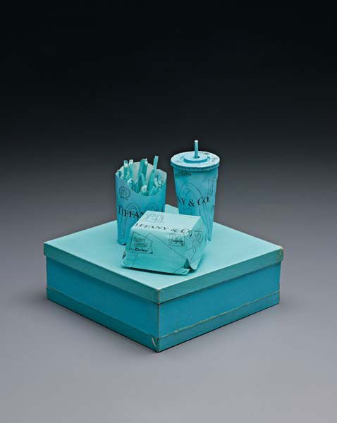 TOM SACHS, Tiffany & Co Crispy Chicken Deluxe Meal: Tiffany & Co Crispy Chicken Deluxe Meal ), 1998 Ink on printed paper and glue, cardboard and fabric construction. 32.1 × 32.5 × 32.5 cm (12 5/8 × 12 3/4 × 12 3/4 in). Signed and dated 'Tom Sachs 1