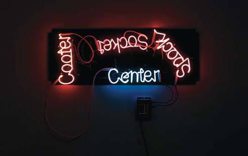 JASON RHOADES, Cooter; Spock, Socket; Center,, 200: Cooter; Spock, Socket; Center,, 2003 Neon lights mounted on dark green translucent Plexiglas with wire, string or lace, and transformer. 43.8 × 119.4 cm (17 1/4 × 47 in). This work is accompanied by