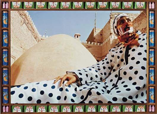 HASSAN HAJJAJ, Dotted Peace, 2000: Dotted Peace, 2000 Colour coupler print mounted on board in artist's frame, inset with tins and glass bottles with pigment. 94 x 129 cm (37 x 50 3/4 in). Signed, dated and titled '"DOTTED PEACE" HASSA