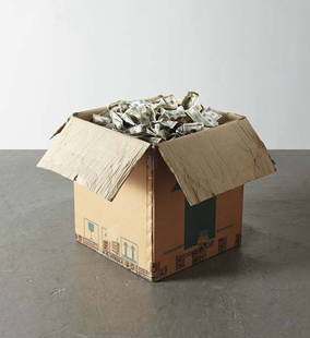 JUSTIN LIEBERMAN, Box of Money, 2007: Box of Money, 2007 Cardboard box, inkjet on paper. 59.7 × 79.4 × 79.4 cm (23 1/2 × 31 1/4 × 31 1/4 in). ‡ • PROVENANCE Galerie Rodolphe Janssen, Brussels