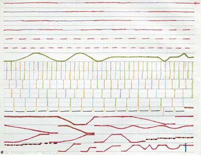 PAUL SHARITS, "27A Continues: White Light of Tunisi: 27A Continues: White Light of Tunisia, 27B Souk of Tunis", 1980s Colored felt tip pen on paper. 17 1/4 x 22 1/4 in. (43.8 x 56.5 cm) Titled "27A Continues: White Light of Tunisia 27B Souk of Tunis" lo