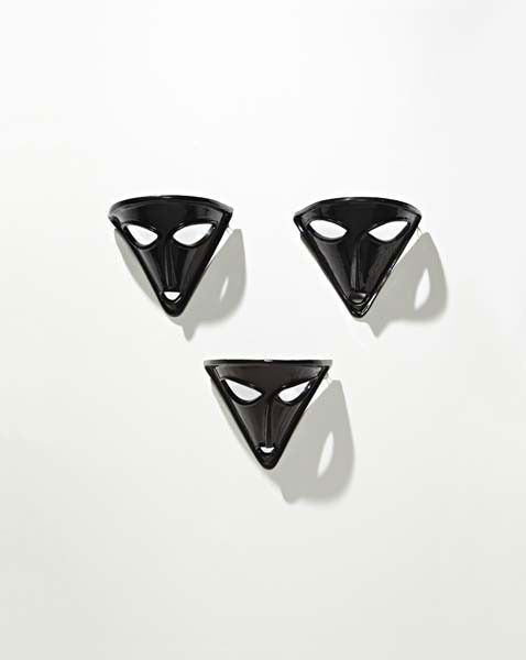 ANDRÉ BOUTAUD, SLAVIC PALEY, LOUIS DANGON AND RAUDE: Set of three "Mask" wall appliqués, ca. 1950 Enameled ceramic. Each: 11 1/4 x 12 3/4 x 8 1/4 in. (28.6 x 32.4 x 21 cm) Reverse of each incised with "Accolay" and bull head (3).