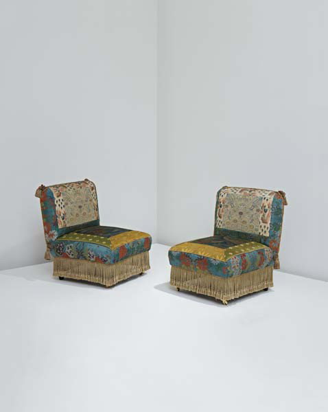MURIEL BRANDOLINI, Pair of custom slipper chairs, c: Pair of custom slipper chairs, ca. 2000 Wood, fabric, metal. Each: 29 1/4 in. (74.3 cm) high Produced by Gina Bianco, USA (2). LITERATURE Christopher Mason, "In the Realm of the Senses," House & Garde
