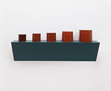 HAIM STEINBACH, Untitled (5 Burmese lacquerware co: Untitled (5 Burmese lacquerware containers), 1989 Plastic laminated wood shelf and 5 lacquerware containers. Installed dimensions: 21 1/4 x 55 1/2 x 11 1/2 in. (54 x 141 x 29.2 cm) Signed and dated