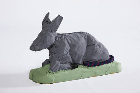CHRISTIAN HOLSTAD, Nativity Donkey #2, 2006: Nativity Donkey #2, 2006 Wool, leather, polyester, rubber, chicken wire, wood, linen, buttons and tie. 25 1/2 x 39 x 14 in. (64.8 x 99.1 x 35.6 cm) This work is accompanied by a certificate of authent