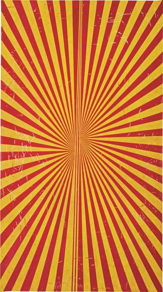 MARK GROTJAHN, Untitled (Crimson Red and Canary Yell: Untitled (Crimson Red and Canary Yellow Butterfly 798), 2009 colored pencil on paper 86 x 47 3/4 in (218.4 x 121.3 cm) Signed twice, titled, and dated "Mark Grotjahn, Untitled (Crimson Red and Canary