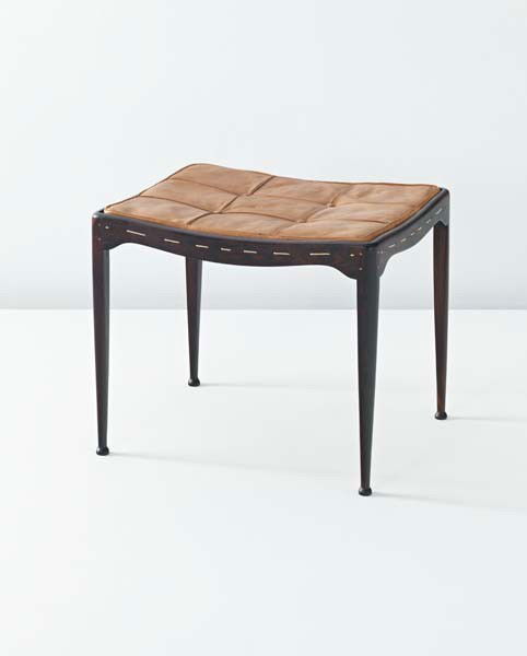 PEDER MOOS,Stool,circa. 1944: Stool,circa. 1944 Produced by Master Cabinetmaker Peder Moos, Denmark. Rosewood, lemon wood inlay, halyard string, leather cushion. 44 x 42.5 x 52.5 cm (17 3/8 x 16 3/4 x 20 5/8 in) Σ PROVENANCE