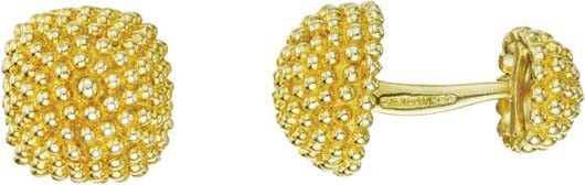 DAVID WEBB, A Pair of Gold Cufflinks: A Pair of Gold Cufflinks Each designed as a textured gold bombé button, to the similarly designed smaller link, mounted in 18K yellow gold, length 1 inch., Signed 'David Webb'