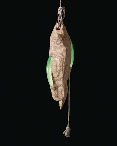 FERNANDO AND HUMBERTO CAMPANA, Unique "Esmeralda" c: Unique "Esmeralda" ceiling light, 2010. Colored glass, wicker, rope. 62 in. (157.5 cm) drop. Produced by Venini, Italy. Together with a certificate of authenticity from Venini. PROPERTY FROM THE VENIN